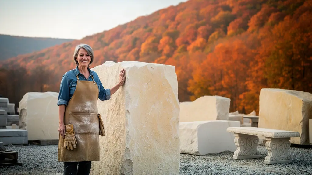 Smiling stone carver in a dusty apron resting her hand on a large limestone block below autumn wooded hills